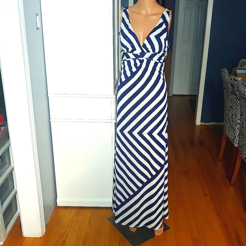 Navy & White Striped Maxi Dress Raindrops by Papillon Women's SMALL